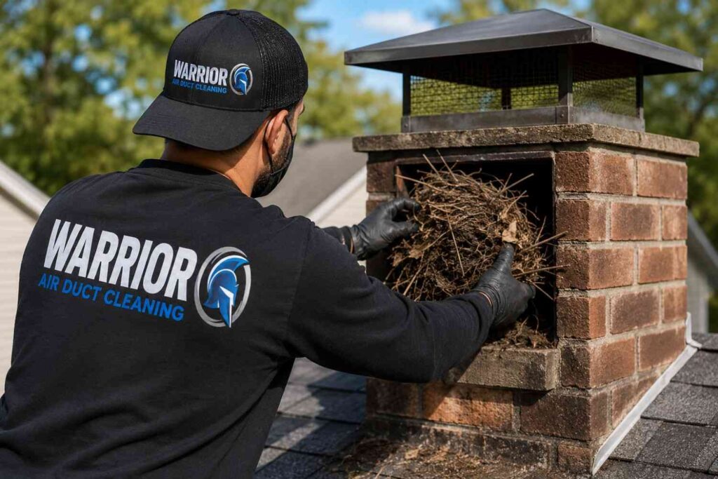 Technician removing animal nest from a brick chimney while wearing branded Warrior Air Duct Cleaning LLC uniform.