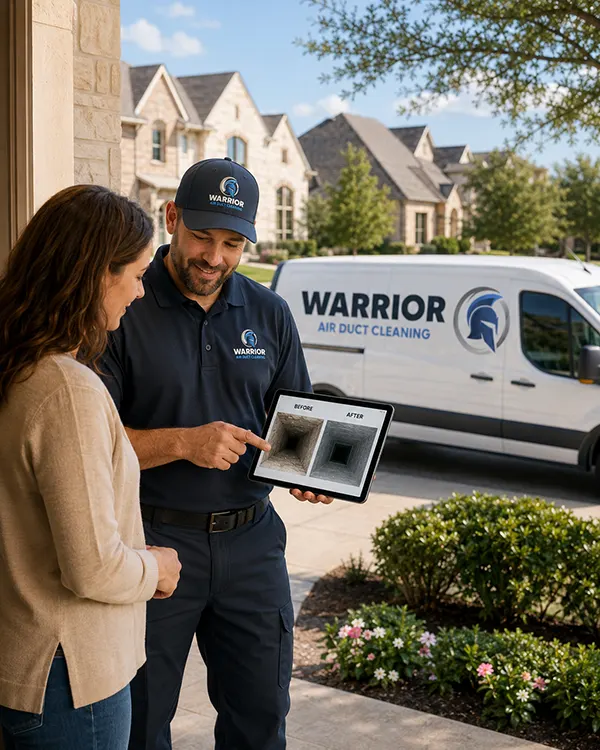 A Warrior technician showing a Dallas homeowner before-and-after air duct photos on a tablet beside the company van