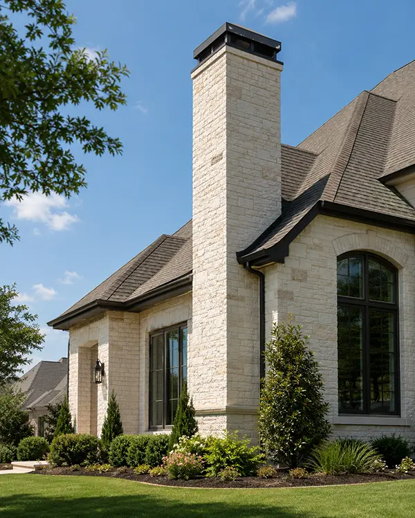 Stone chimney on a Dallas-area home, swept and inspected by Warrior chimney services