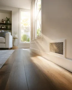 Dust drifting in sunlight beside a floor air vent in a Dallas living room, showing why air duct cleaning matters