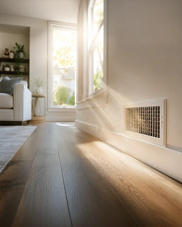 Dust drifting in sunlight beside a floor air vent in a Dallas living room, showing why air duct cleaning matters