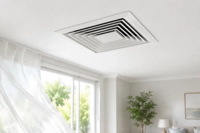 Clean ceiling air vent delivering fresh air in a bright Dallas home after Warrior air duct cleaning