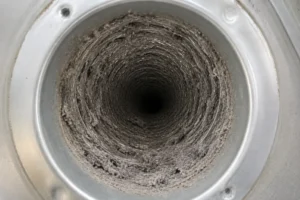 Dryer vent packed with lint in a Dallas home before Warrior dryer vent cleaning