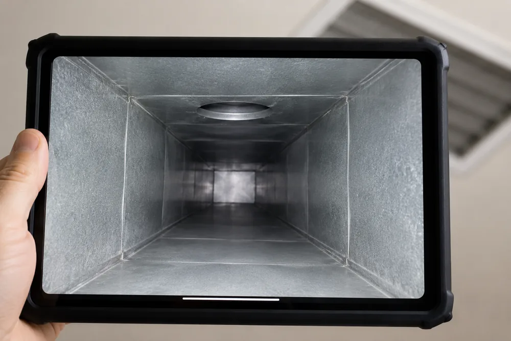 Warrior technician reviewing a freshly cleaned Dallas air duct on a tablet after the job