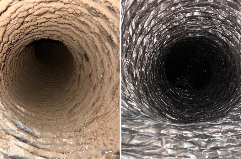 Air duct interior before and after professional air duct cleaning in Dallas, TX