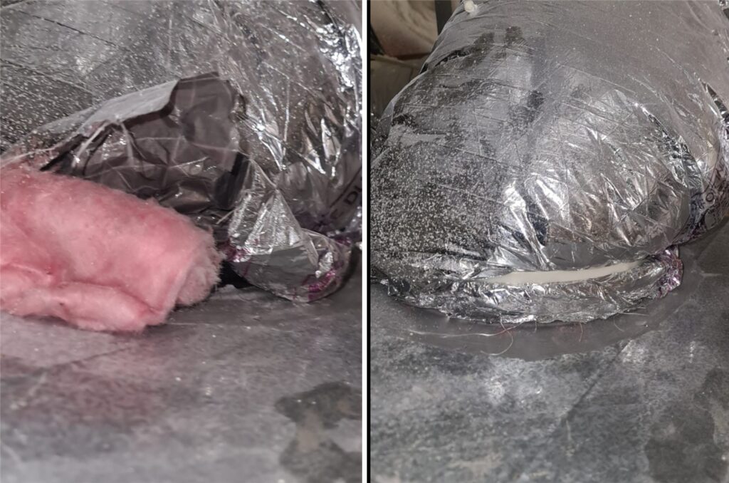 Torn air duct with exposed insulation before and after professional repair in Dallas, TX