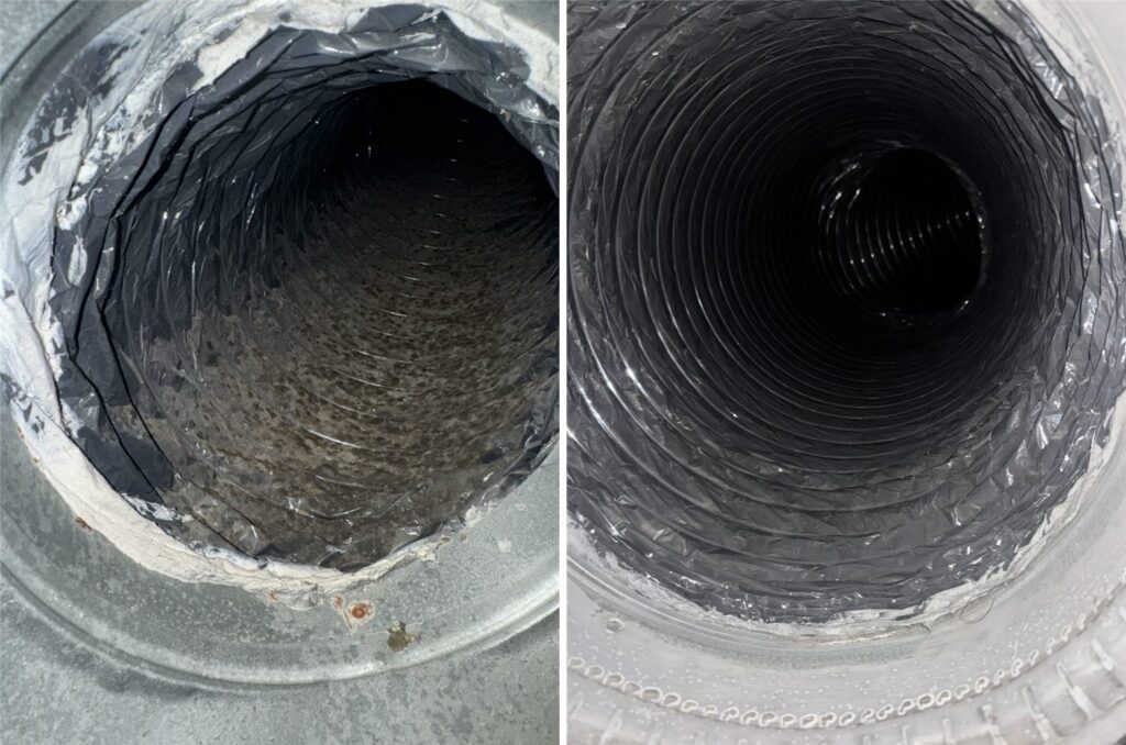 Contaminated air duct before and after cleaning and sanitizing in Dallas, TX