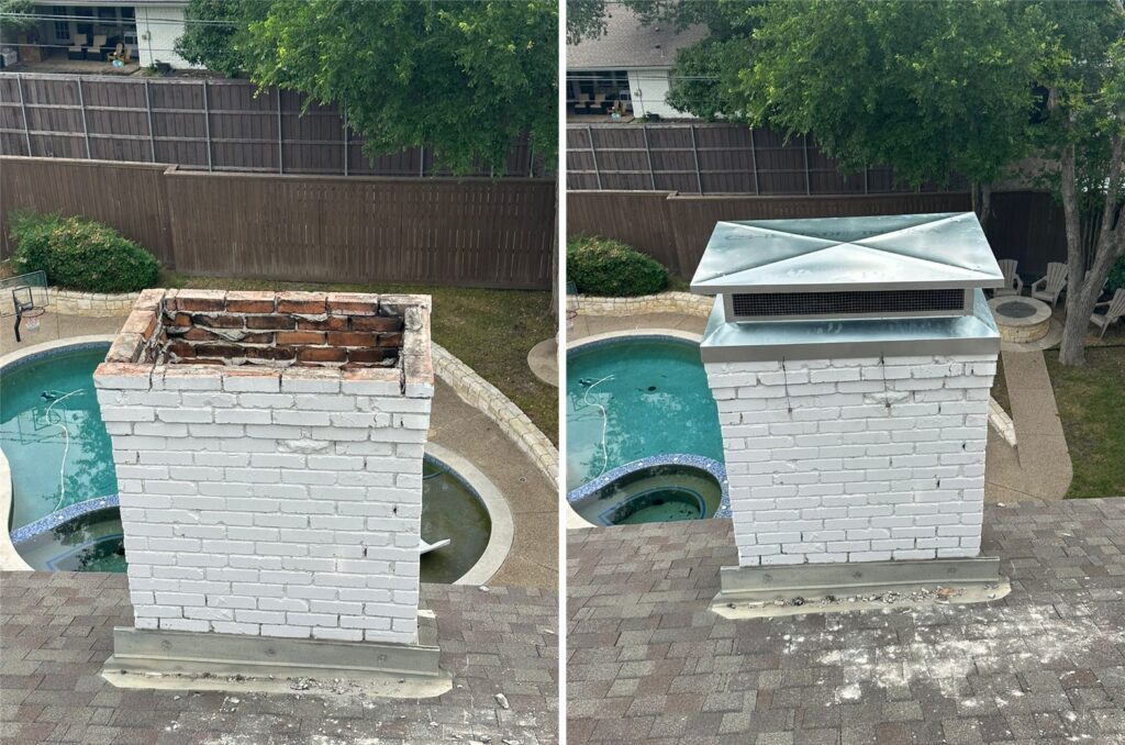 Chimney without a cap and with a new stainless chimney cap installed in Dallas, TX