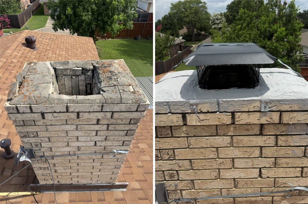 Cracked chimney crown before and after repair with a new cap in Dallas, TX
