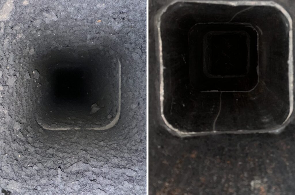 Chimney flue before and after a professional chimney sweep in Dallas, TX