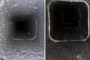 Chimney Sweep Before and After in Dallas TX Chimney flue before and after a professional chimney sweep in Dallas, TX