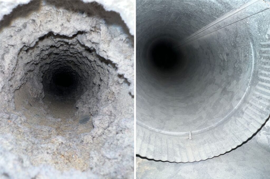 Dryer vent packed with lint before and after cleaning in Dallas, TX