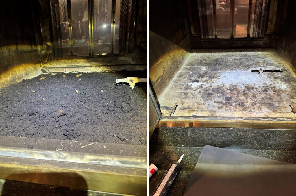 Fireplace firebox before and after professional cleaning in Dallas, TX