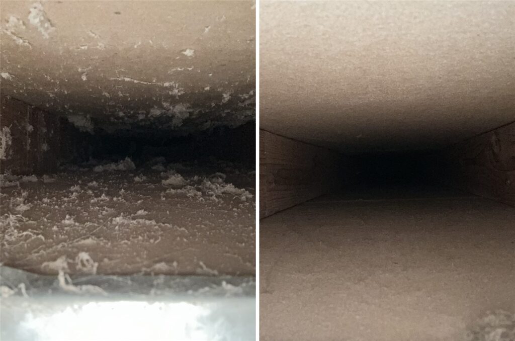 Wall return duct filled with construction dust before and after post renovation cleaning in Richardson, TX