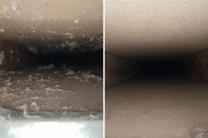 Post Renovation Duct Cleaning Before and After in Richardson TX Wall return duct filled with construction dust before and after post renovation cleaning in Richardson, TX