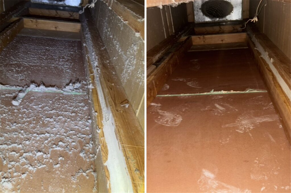 Residential return air duct before and after cleaning in Dallas, TX