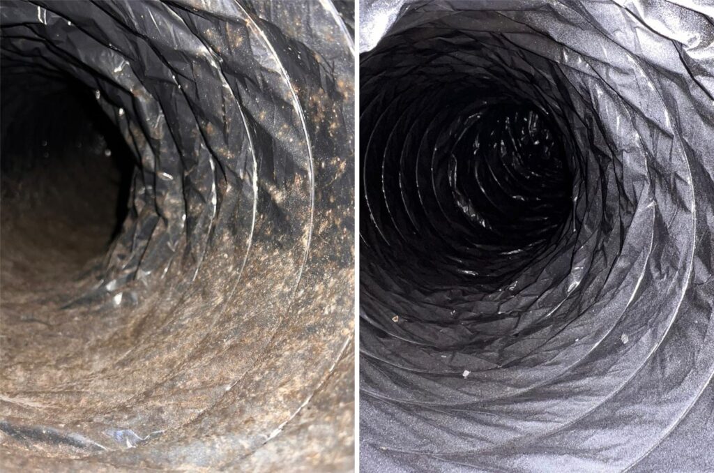 Contaminated flexible air duct before and after professional cleaning in a West Plano home