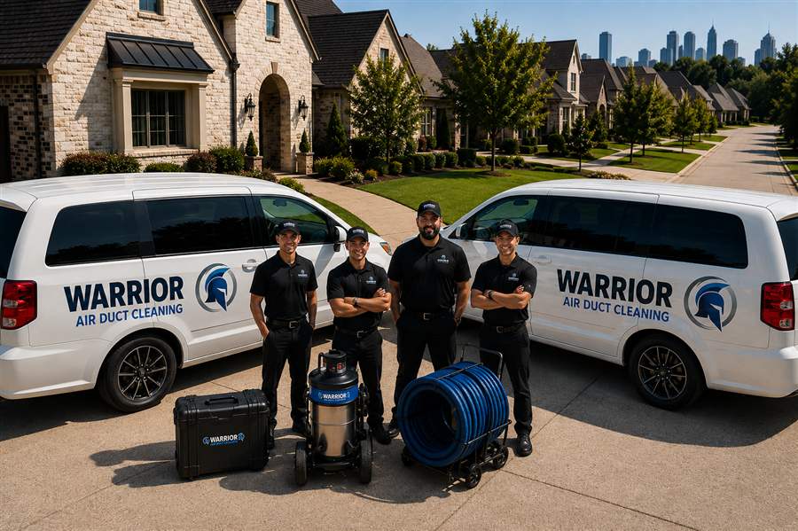 Warrior Air Duct Cleaning crew standing with branded service vans and duct cleaning equipment outside a Dallas home