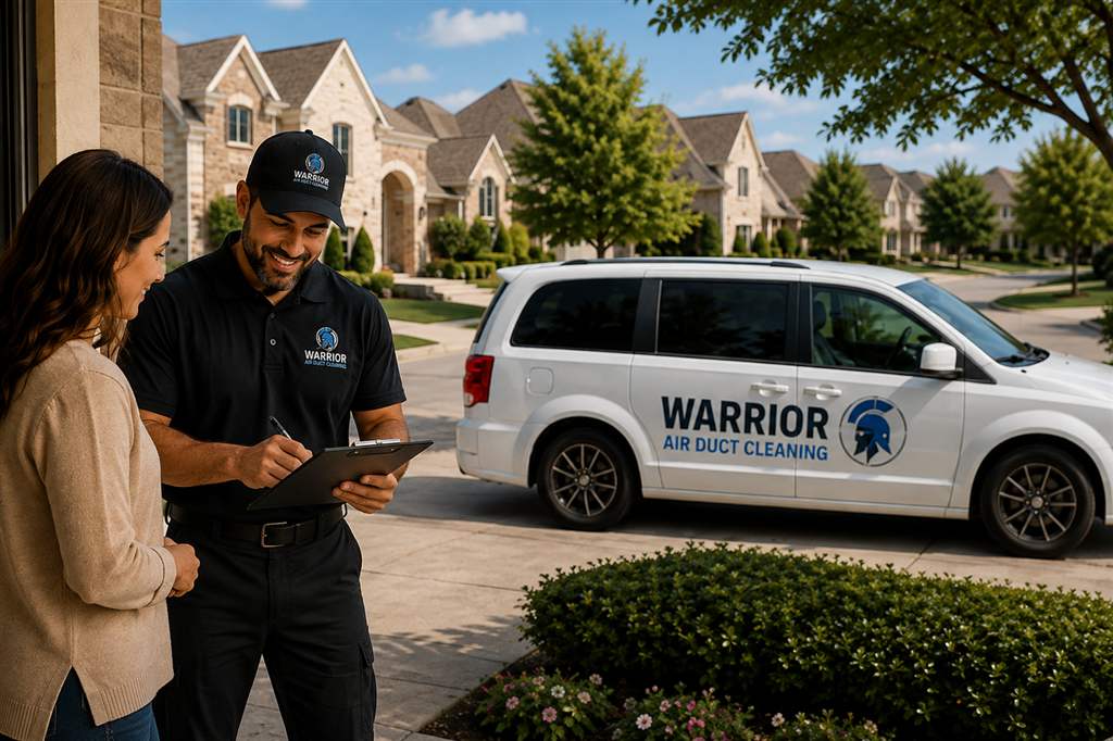 Warrior Air Duct Cleaning technician reviewing the service checklist with a homeowner beside the branded van in Dallas, TX