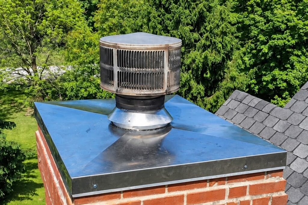 Stainless steel chase cover installed on a chimney in Dallas, TX